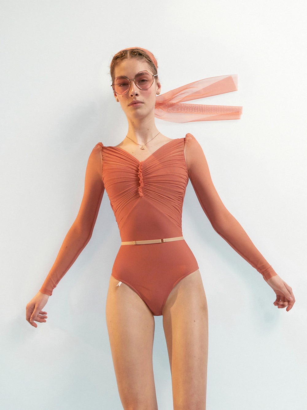 GRES - CORAL DRAPED BODYSUIT WITH LONG PUFF SLEEVES - NISARAT