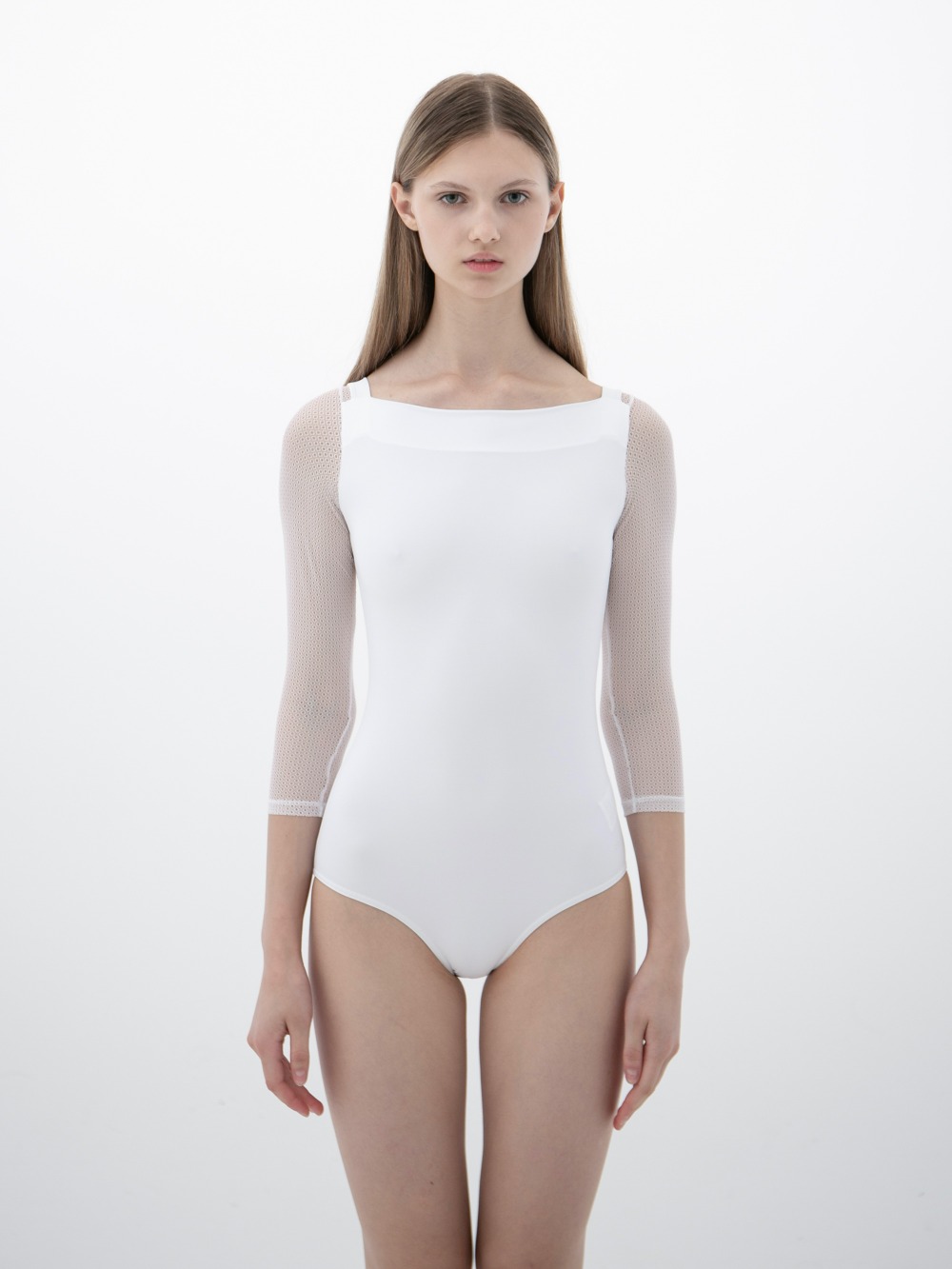 3/4 SLEEVED LEOTARD WITH LACE - WHITE - NISARAT
